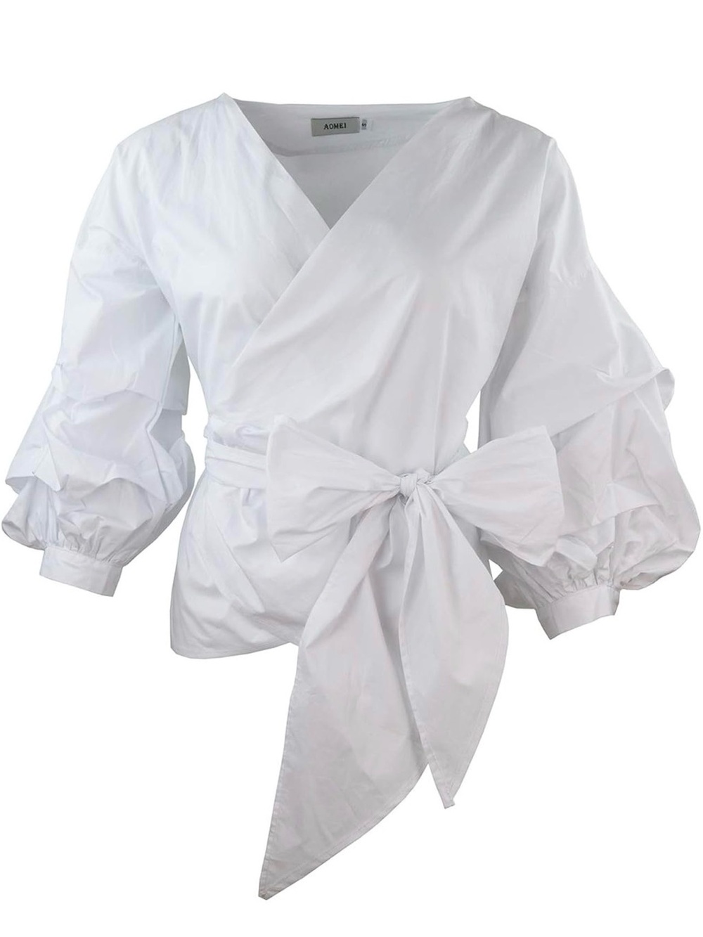AOMEI White Cotton Wrap Blouse Balloon Sleeve Top Size M